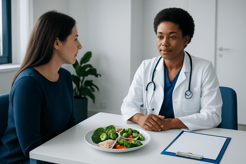 Doctor discussing healthy eating with patient at clinic table.