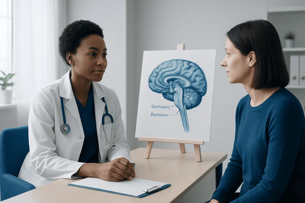 Doctor explaining brain anatomy to patient in a consultation room.