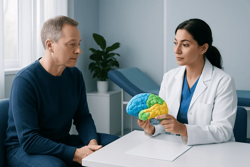 Doctor explaining brain parts to a patient in a medical consultation room.