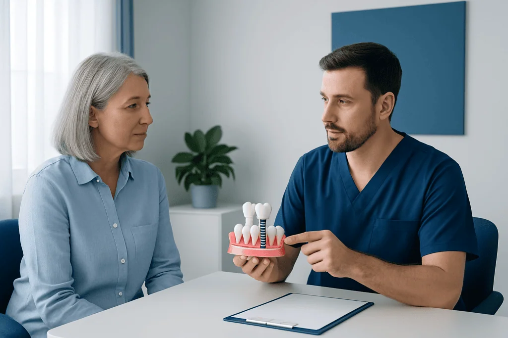 Dentist explaining dental implants to a patient in a clinic setting.