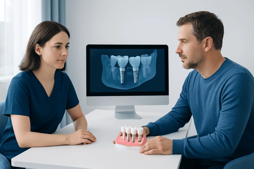 Dental consultation with 3D imaging and dental implant model at Acibadem Hospital.