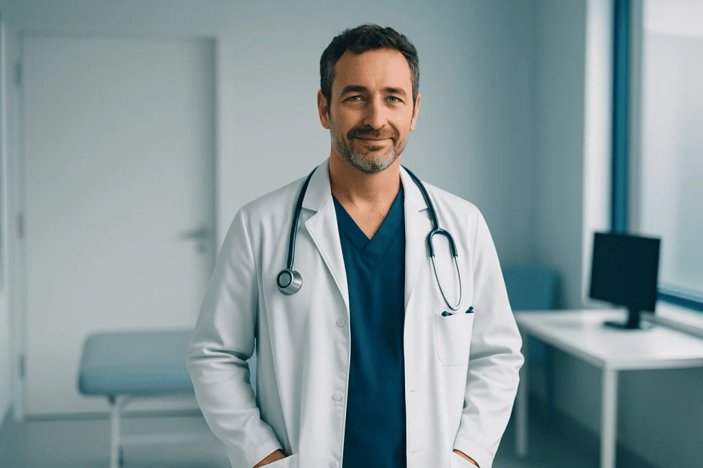 The Disease the World Learned via Bruce Willis: Frontotemporal Dementia Awareness 1 Doctor in white coat with stethoscope in modern hospital setting.