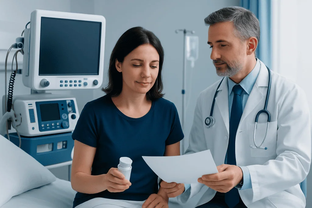 Doctor consulting female patient with medication in hospital room.