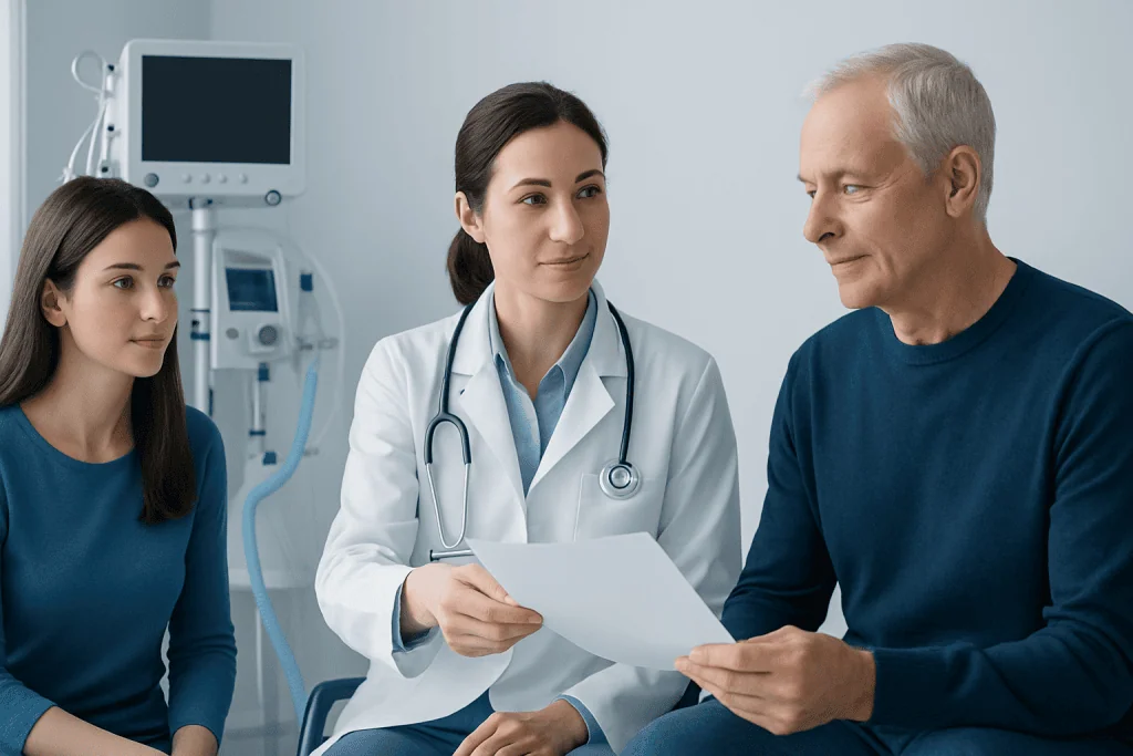 Doctor consulting with elderly patient and young woman in hospital room.