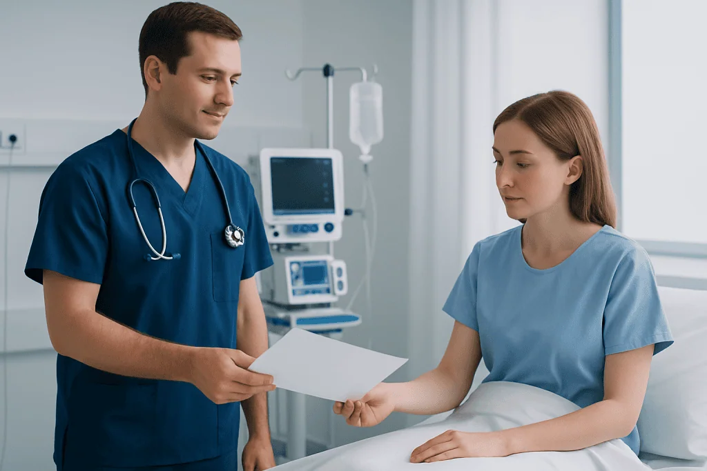 Doctor handing discharge documents to patient in hospital room.