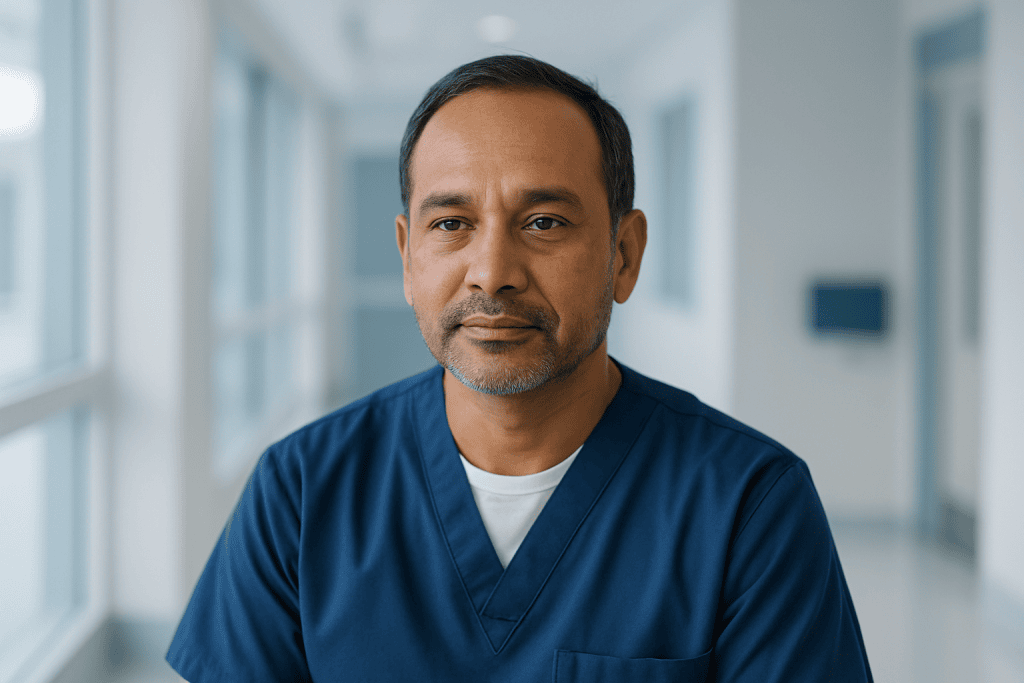 The Early Clues Doctors Look for Before Walking Therapy with Safer Recovery Support 1 Medical professional in blue scrubs in a hospital corridor.