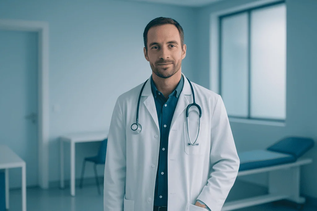 The Emotional Journey Behind Wellness Diagnostics with Safer Recovery Support 1 Male doctor in white coat in modern hospital room with bed and window.