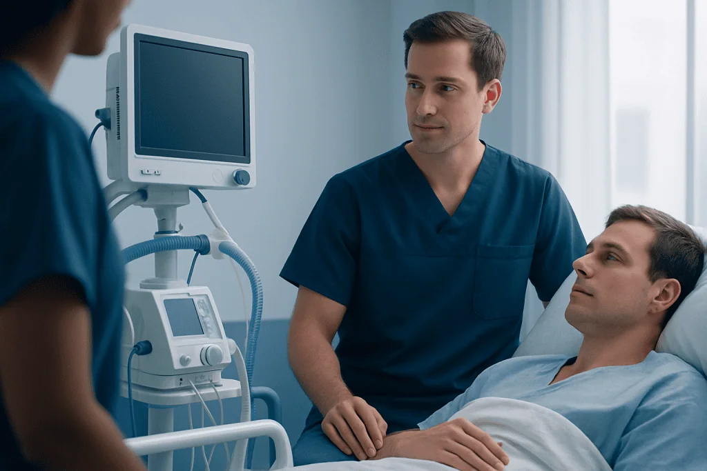 Doctor consulting patient in hospital room with medical equipment.