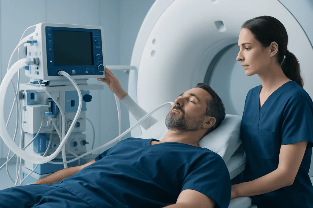 Patient undergoing MRI scan with medical staff in a hospital setting.