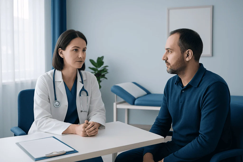 Doctor consulting patient in a modern medical office setting.
