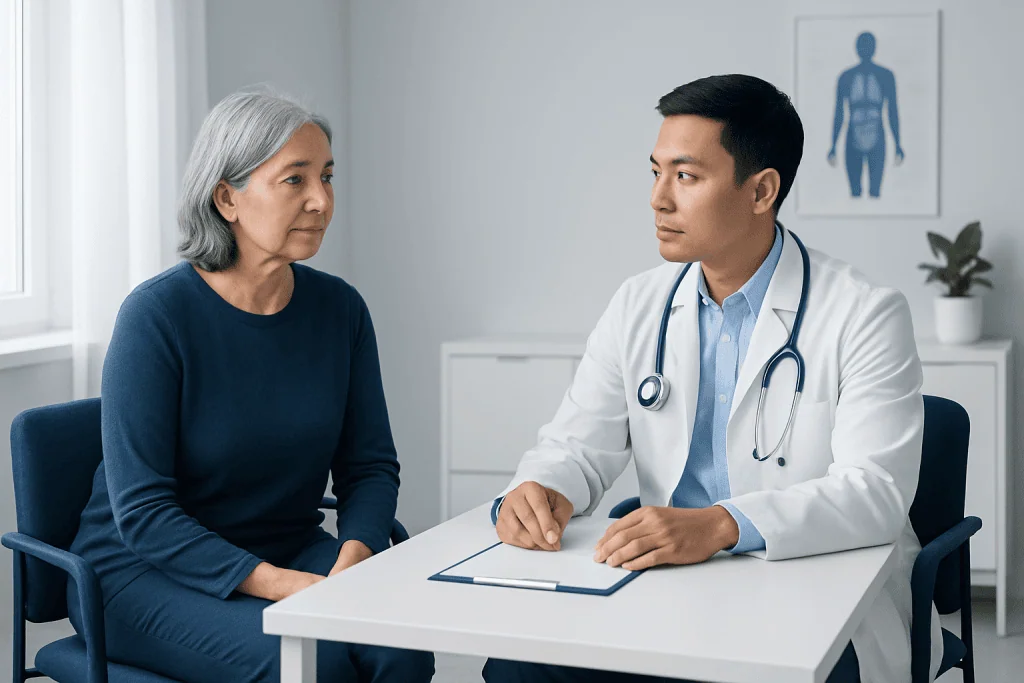 Doctor consulting with an elderly female patient in a medical office.