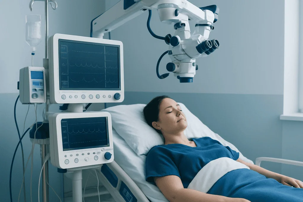 Patient in neurosurgery recovery room with monitoring equipment.