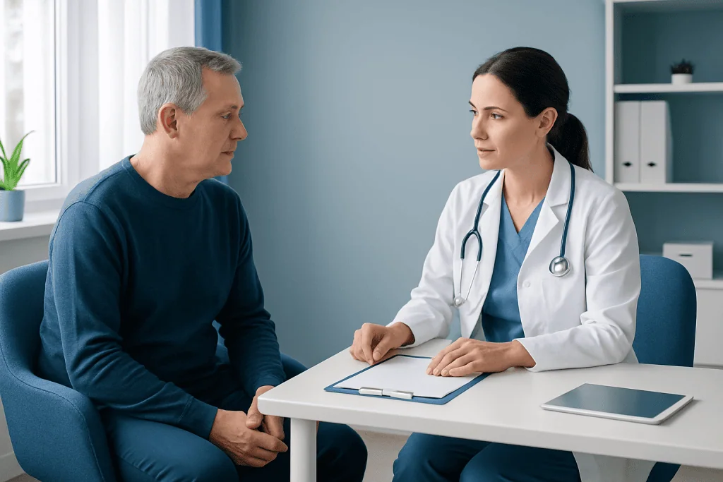 Doctor consulting with a patient in a medical office setting.
