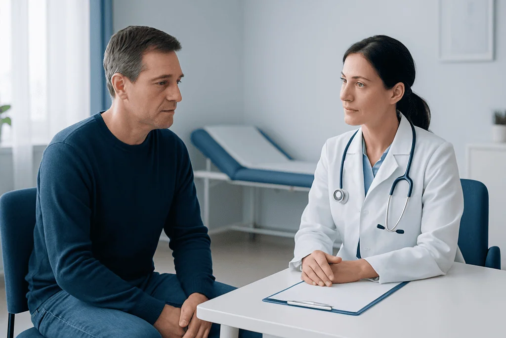 Doctor consulting with a male patient in a hospital room.