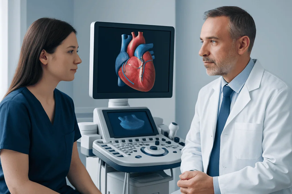 Cardiologist and nurse discussing heart ultrasound in hospital.