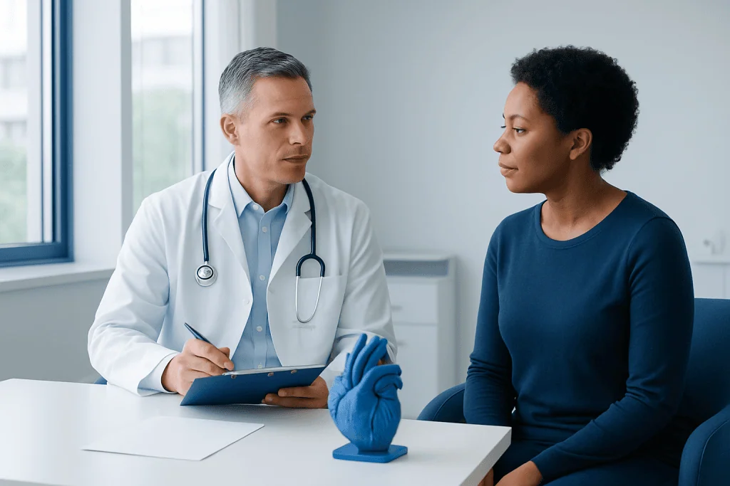 Doctor consulting a patient about heart health in a clinical setting.