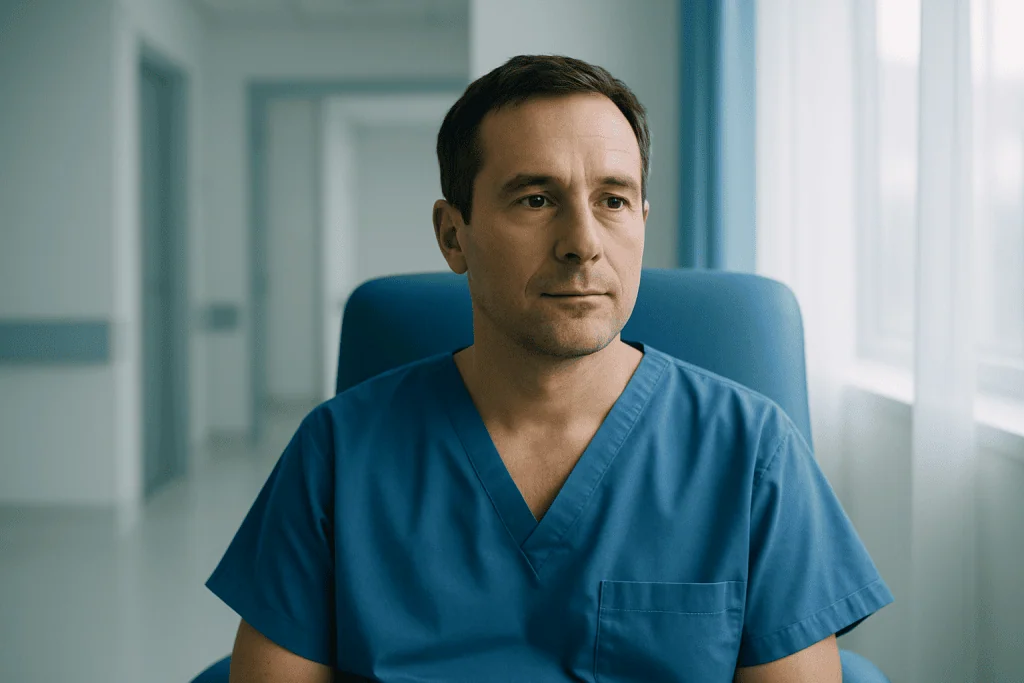 The Hollywood Diagnosis: Crucial Differences Between Aphasia and Dementia 1 Medical professional in blue scrubs sitting in a hospital corridor.