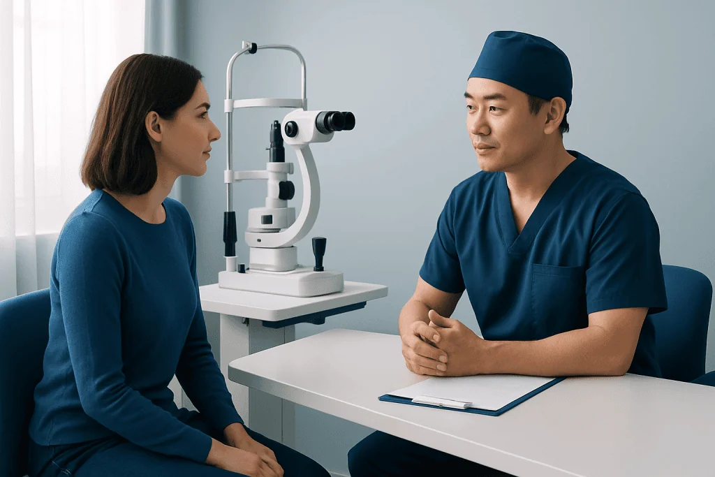 Ophthalmologist consulting patient about eye health and LASIK surgery.