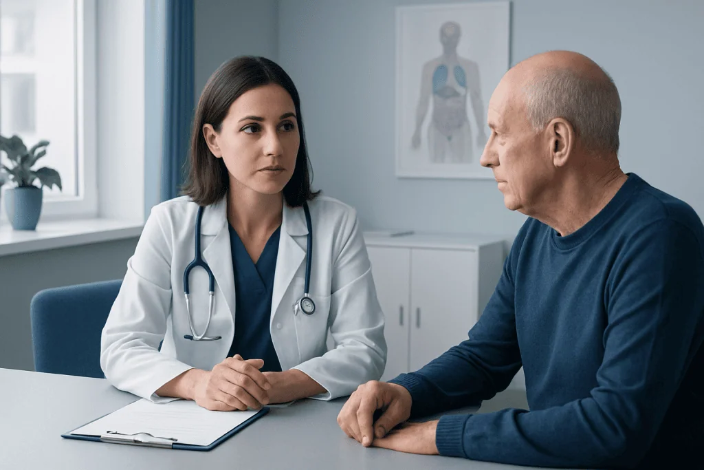 Doctor consulting with an elderly male patient in a hospital office.
