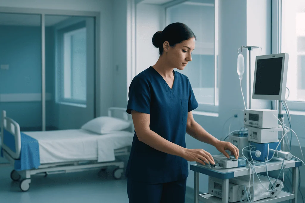 The Journey of a Kidney Transplant 1 Nurse preparing medical equipment in a hospital room for kidney transplant care.