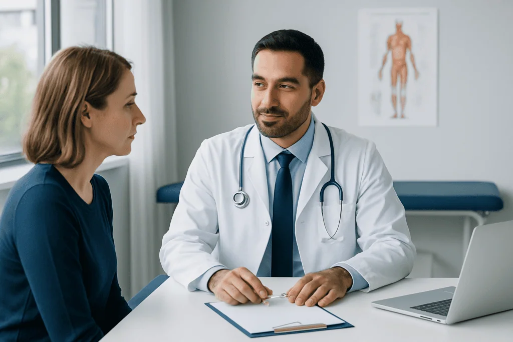 Doctor consulting with a female patient in a medical office.