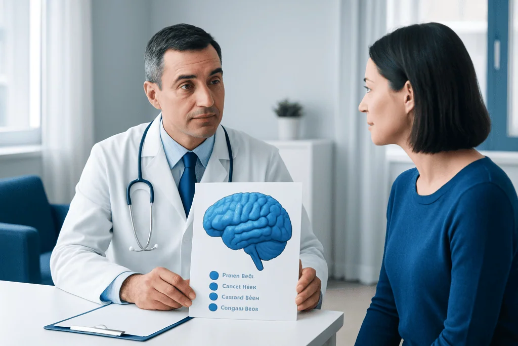 Doctor explaining brain diagram to patient in a medical consultation.