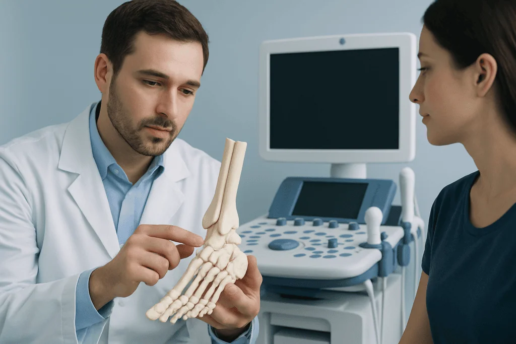 Doctor explaining ankle bones with a model to a patient in a medical setting.