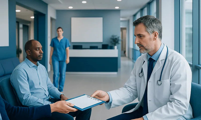 Doctor consulting with patient in modern hospital corridor.