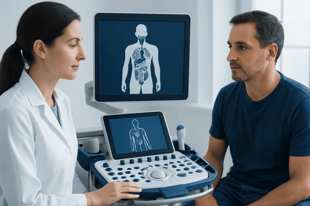 Medical professional and patient discussing endocrine system ultrasound scan.