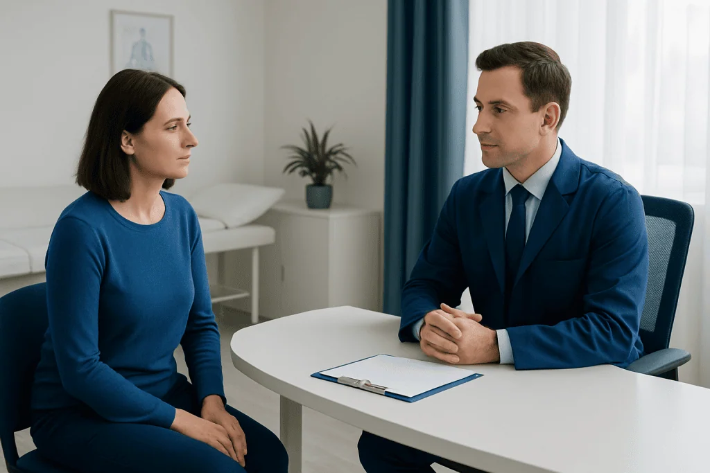 Doctor consulting with a patient in a modern clinic room.