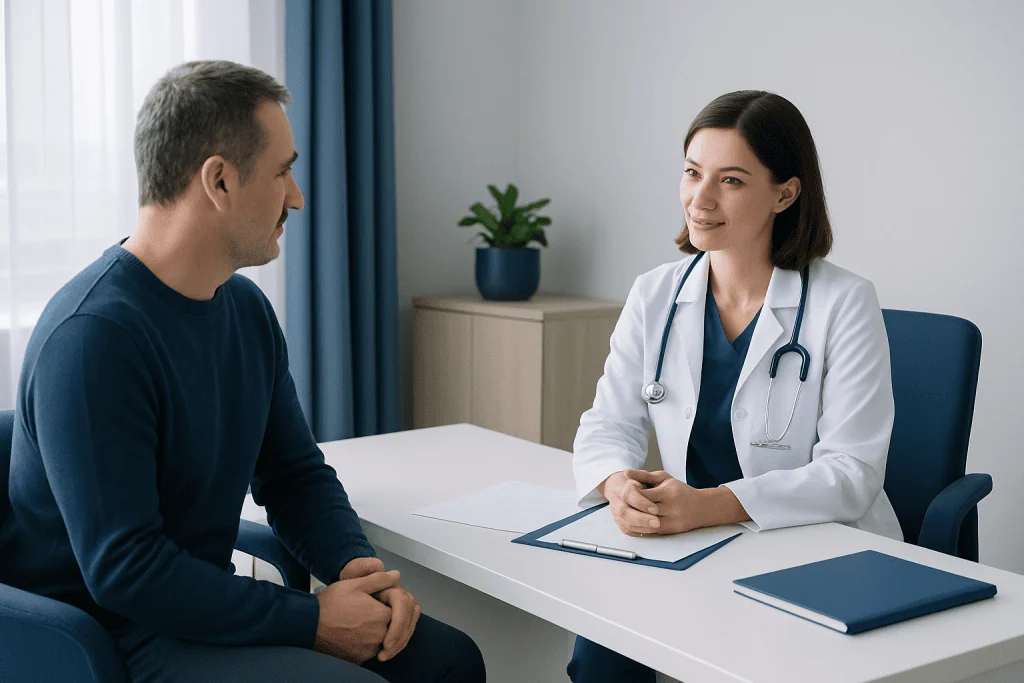 Doctor consulting with a patient in a modern hospital office.