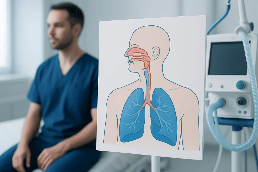 Medical professional with respiratory system diagram in a clinical setting.