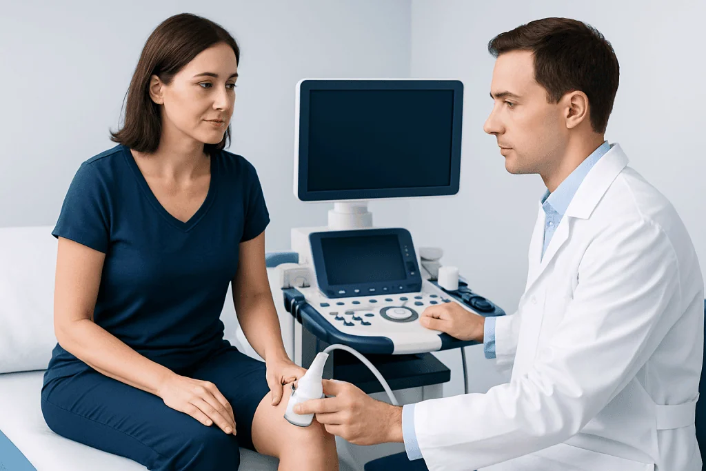 Doctor performing an ultrasound exam on a female patient in a medical clinic.
