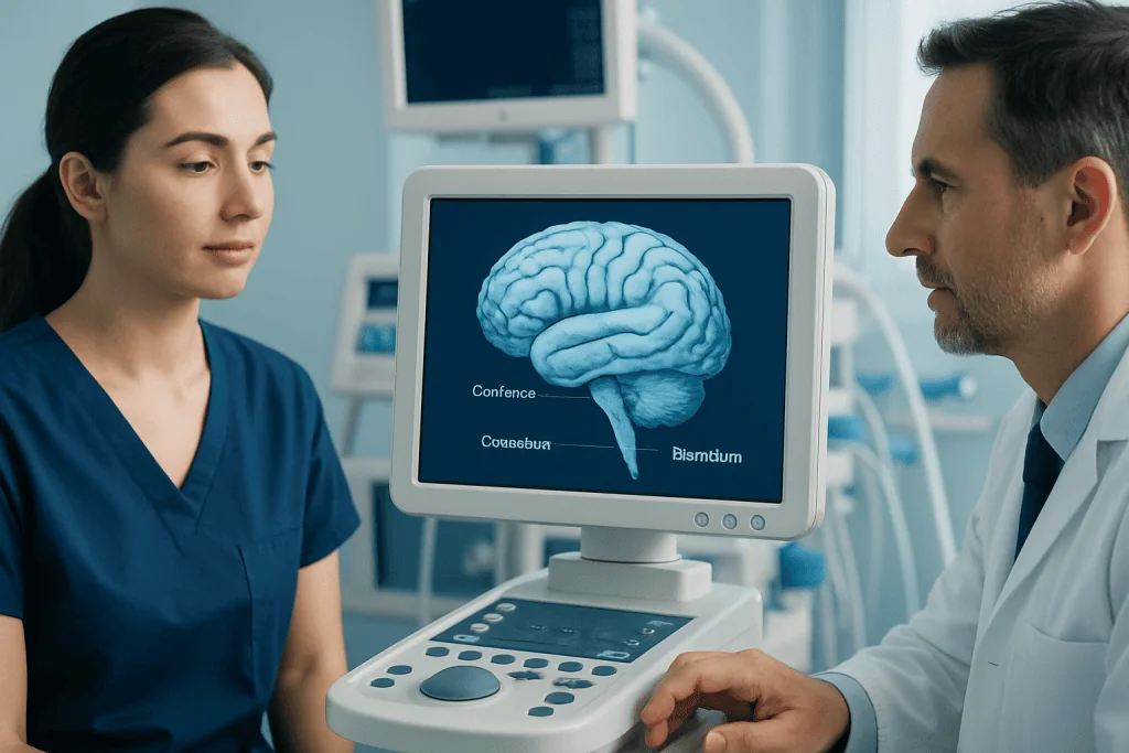 Medical professionals examining a brain diagram on a monitor at a hospital.
