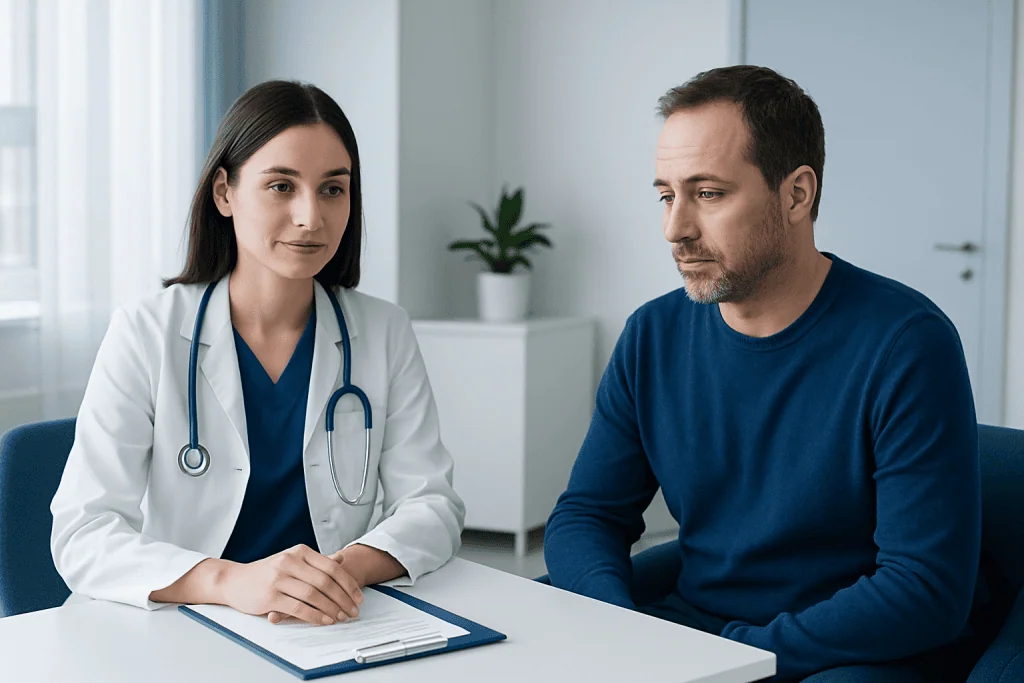 Doctor consulting with male patient in a medical office setting.