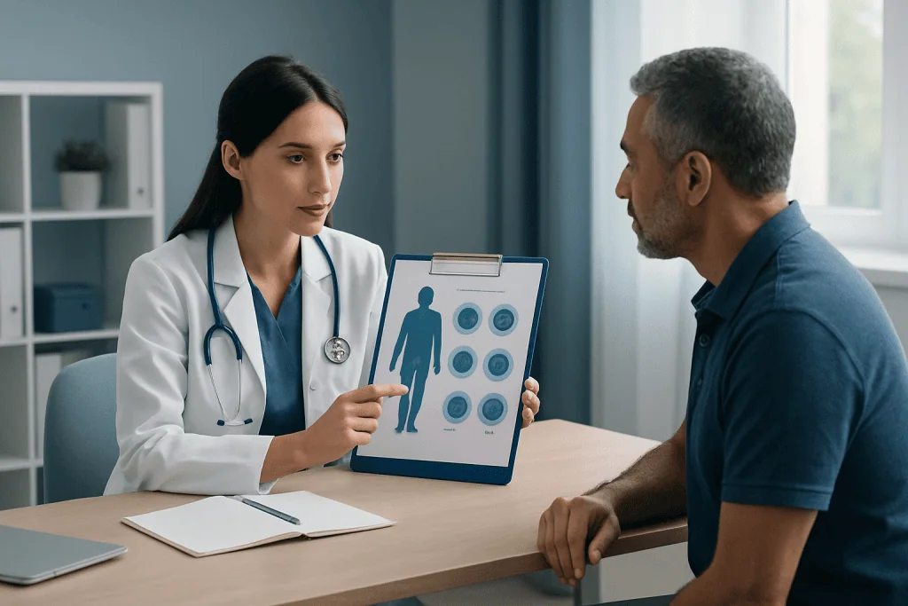 Doctor explaining cancer stages to a patient with visual aids in a consultation room.