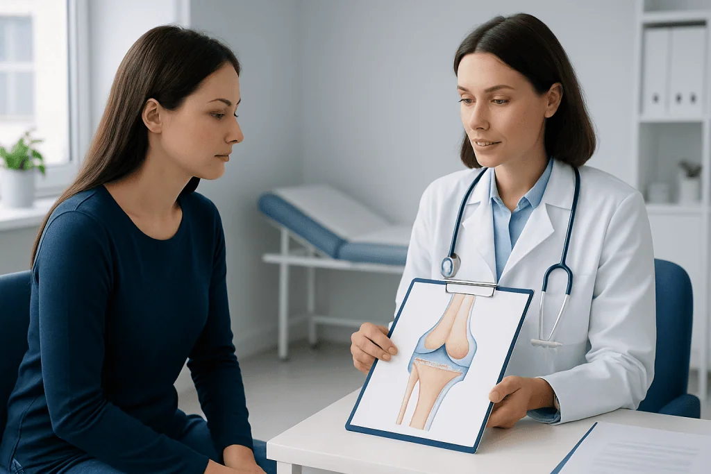 Doctor explaining knee joint anatomy to patient in clinic setting.