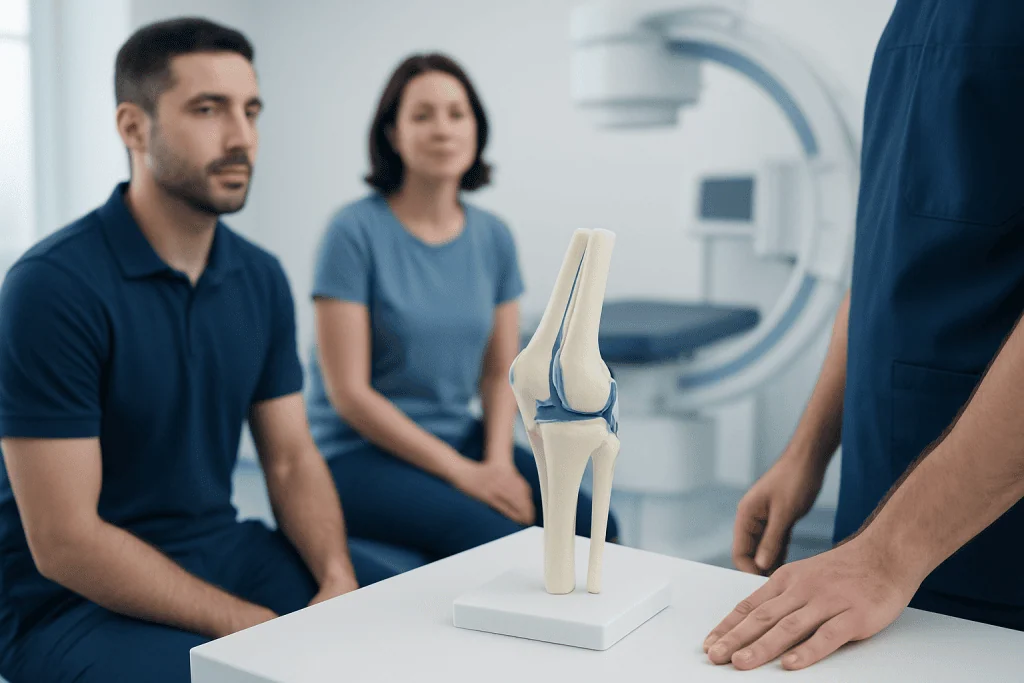 Medical professional explaining knee joint model to patients in a hospital setting.