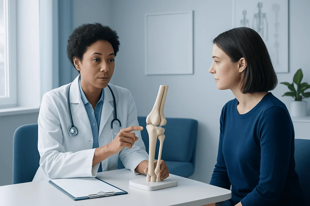 Doctor explaining knee joint anatomy to patient in consultation room.