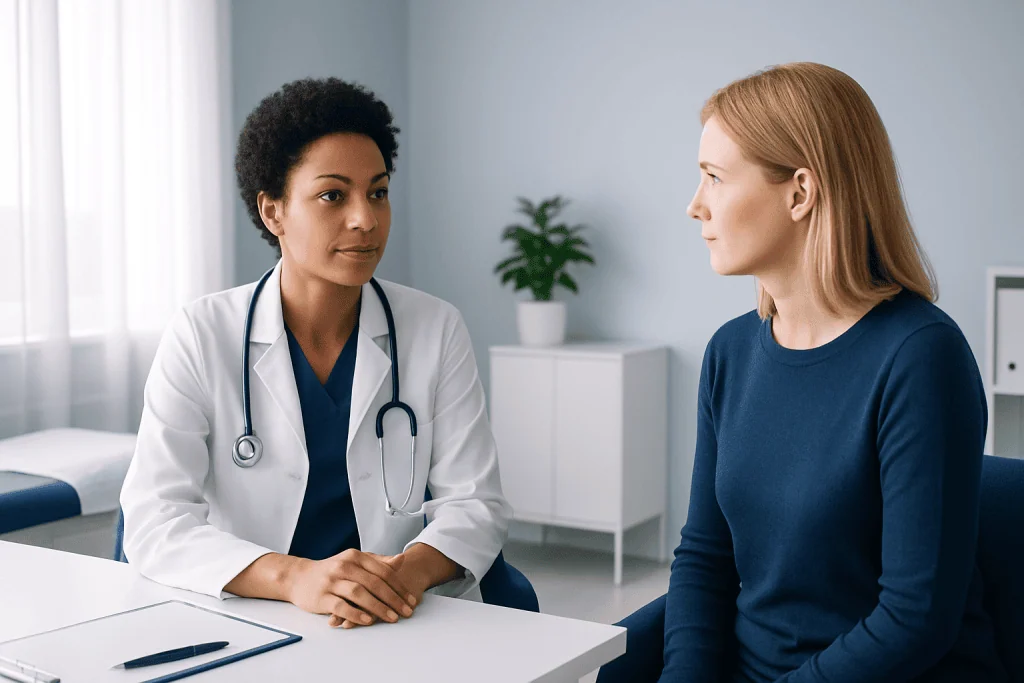 Doctor consulting with a patient in a modern medical office.
