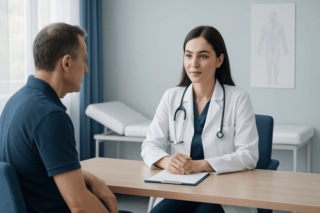 Doctor consulting with patient in a medical office at Acibadem Hospitals.