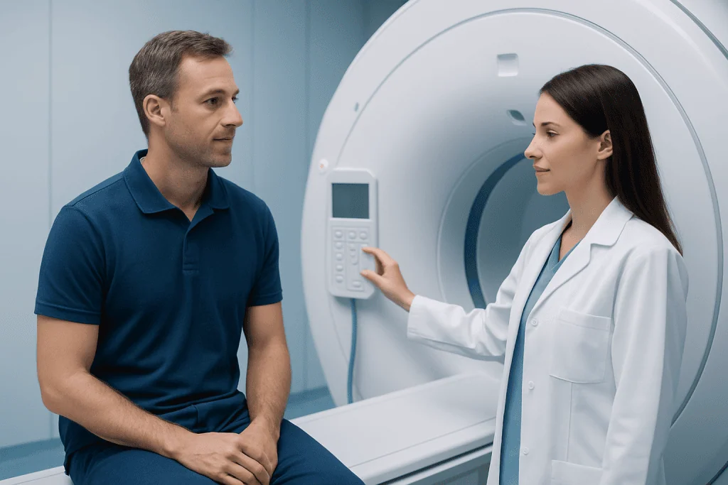 Patient and radiologist in MRI scan room at Acibadem Hospital.