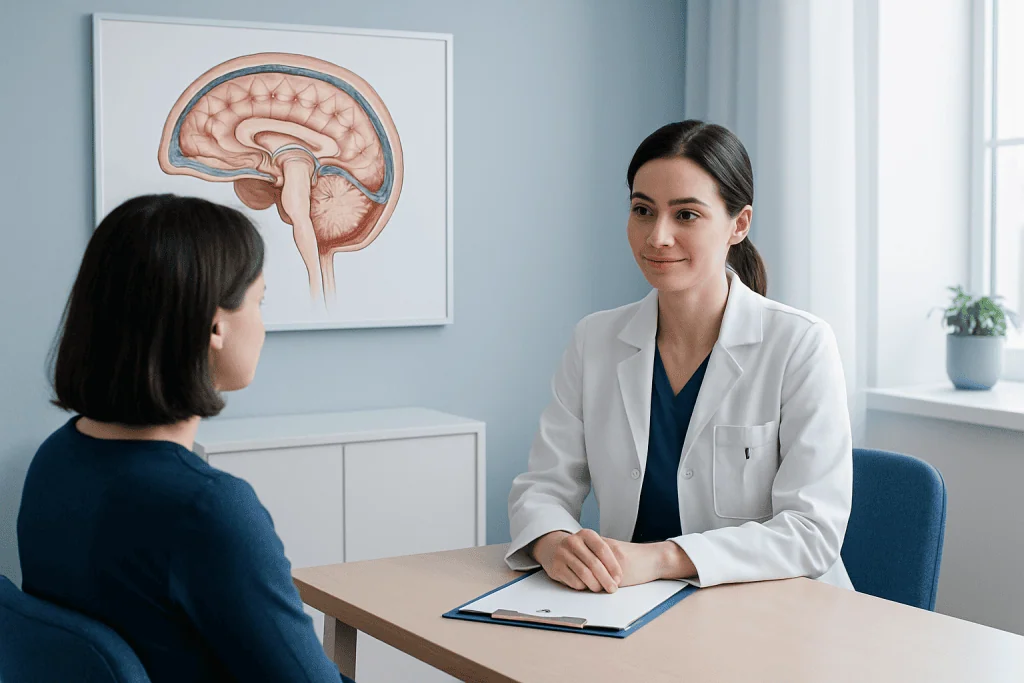 Doctor consulting patient about brain protection and anatomy.