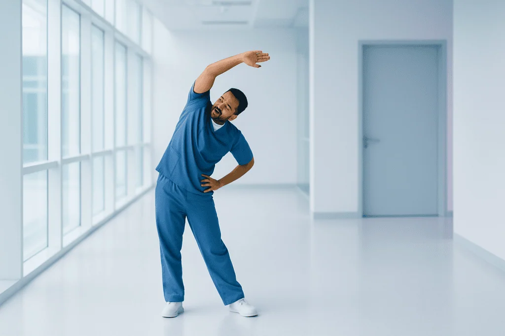 The Most 10 Common Types of Ladies Body Shapes 1 Young man stretching in hospital corridor wearing blue scrubs.