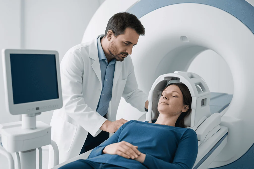 Medical professional preparing patient for MRI scan at Acibadem Hospital.