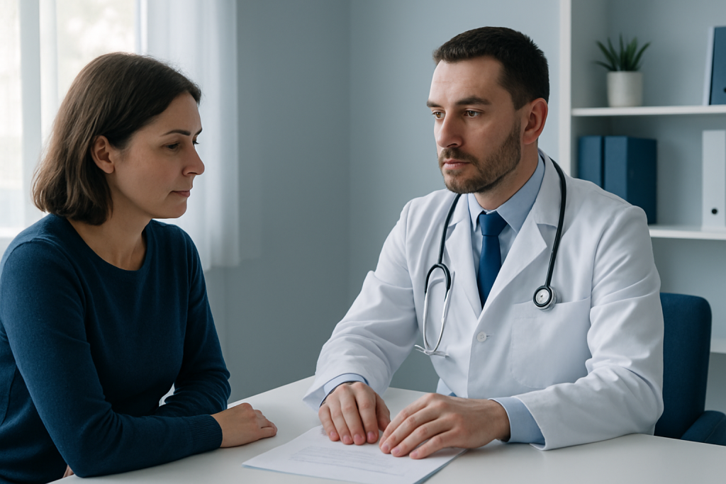 Doctor consulting with a female patient in a modern clinic setting.