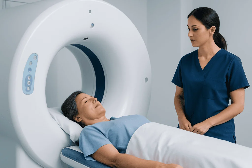 Female patient undergoing a CT scan in a medical facility.