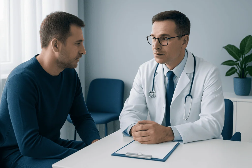 Doctor consulting with patient during neurological examination at Acibadem Hospital.