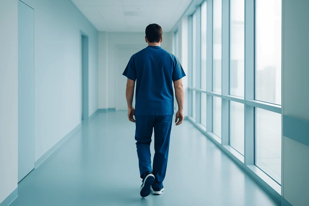 The Questions Patients Ask Before Choosing Jawline Contouring with Personalized Care 1 Healthcare professional walking down hospital corridor with large windows.