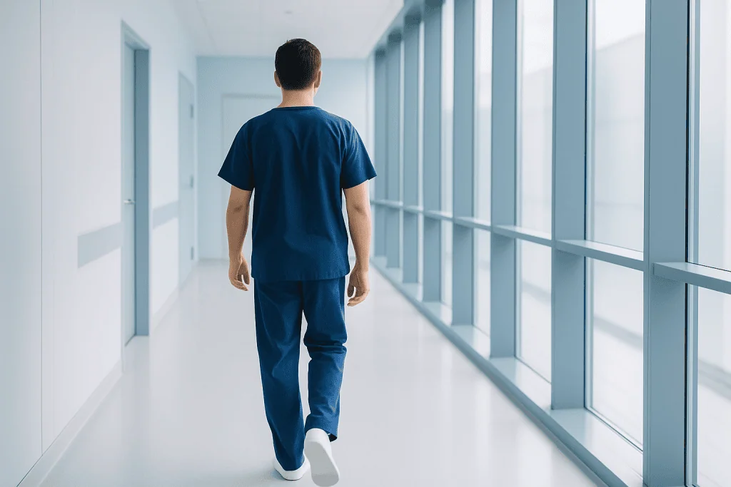 The Questions Patients Ask Before Choosing Mommy Makeover with Personalized Care 1 Male healthcare professional walking down hospital corridor with large windows.